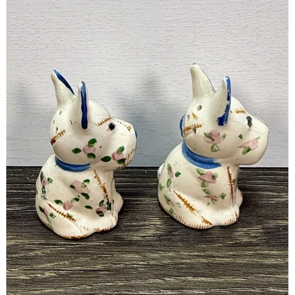 Vintage Japan Scottie Dog Salt Pepper Shakers Patchwork Floral Blue Bow Pair MCM